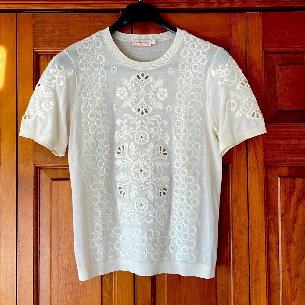 Tory Burch Channing Short Sleeve Cream Embroidered Top, Small